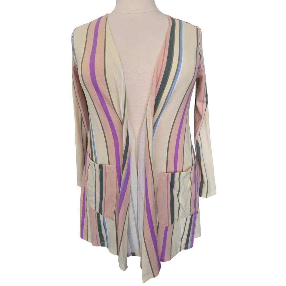 LuLaRoe Caroline Cardigan Medium Multi Color Vertical Stripe Open Front New